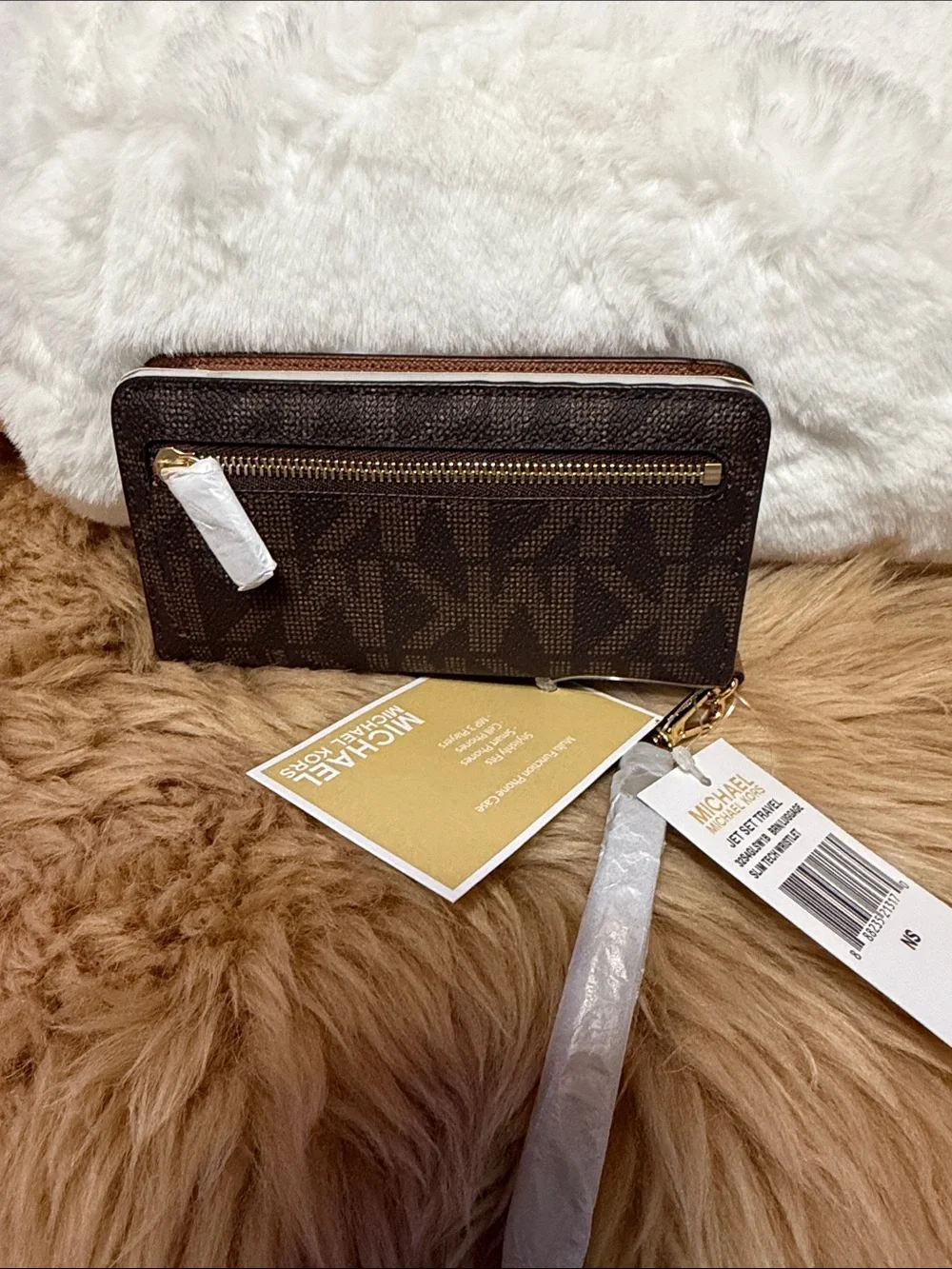 Michael Kors Brown Signature MK Zip Wristlet with Gold Accent